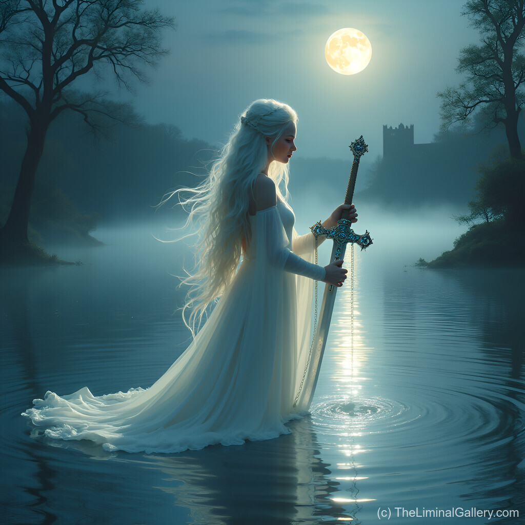 The mystical Lady of the Lake guards the legendary Excalibur within serene, shimmering waters, embodying fantasy and legend.